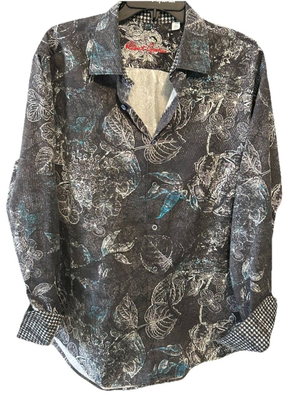 Robert Graham Men’s XXL Black White Floral Houndstooth Flip Cuff Shirt